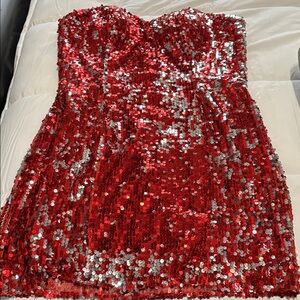Alyce Paris Red and Silver Strapless Dress